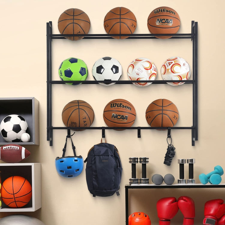 Matte Black Metal Wall Mounted Sports Ball Rack, Gym Exercise Equipment Storage Organizer Shelf Display with S-Hooks
