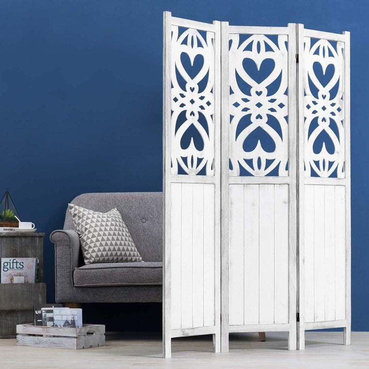 3-Panel Decorative Vintage White Cutout Heart Design Room Divider-MyGift