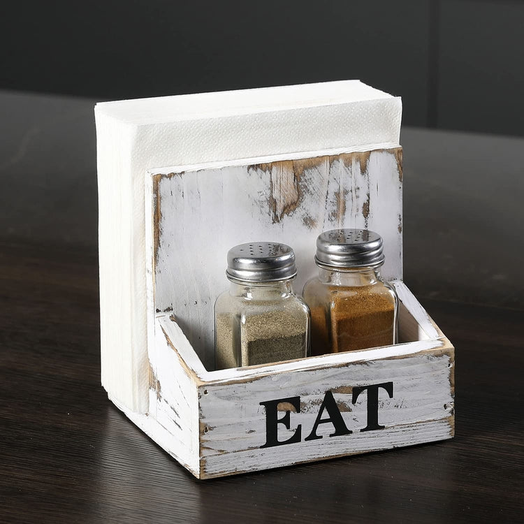 2 Compartment Whitewashed Wood Napkin Holder Rack with Spice Shakers, Condiment Bin and Printed EAT Label