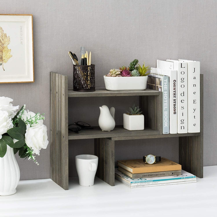 Vintage Gray Solid Wood Adjustable Desktop Bookcase Corner Shelf Display Rack with 3 Hanger Hooks-MyGift
