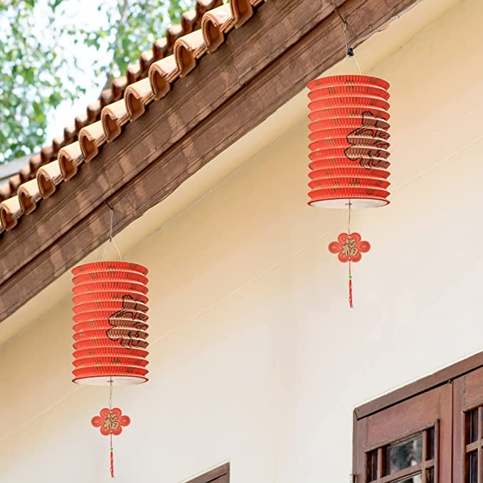 Set of 8 Traditional Chinese Style Red Paper Hanging Lantern Decoration-MyGift