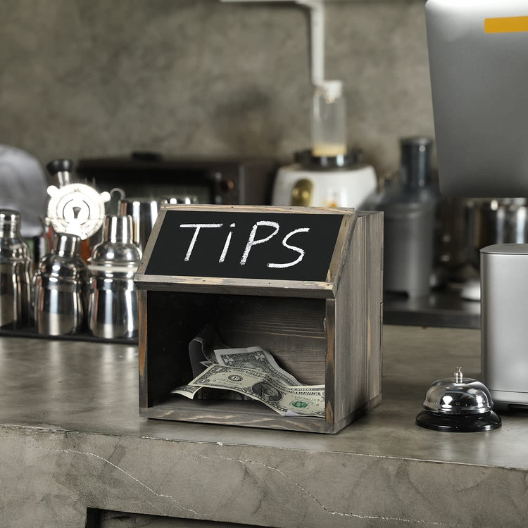 Rustic Gray Wood Donation Collector, Tip Box with Chalkboard, Lock and Key-MyGift