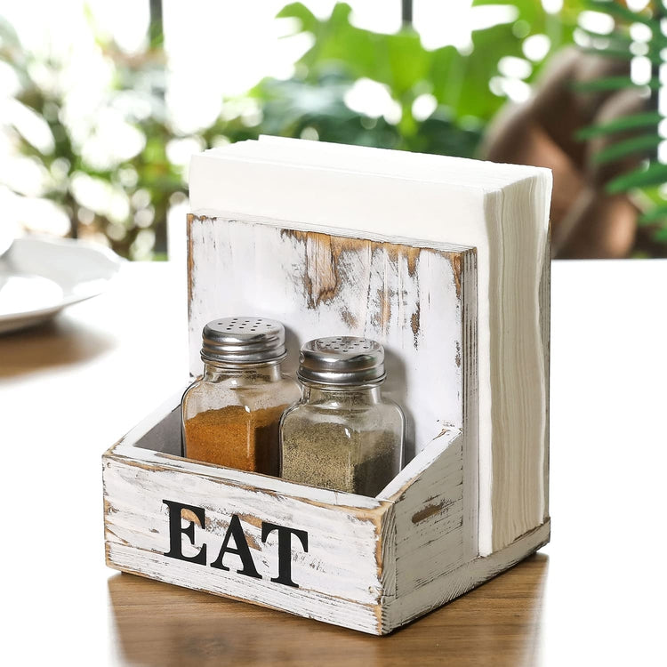 2 Compartment Whitewashed Wood Napkin Holder Rack with Spice Shakers, Condiment Bin and Printed EAT Label-MyGift