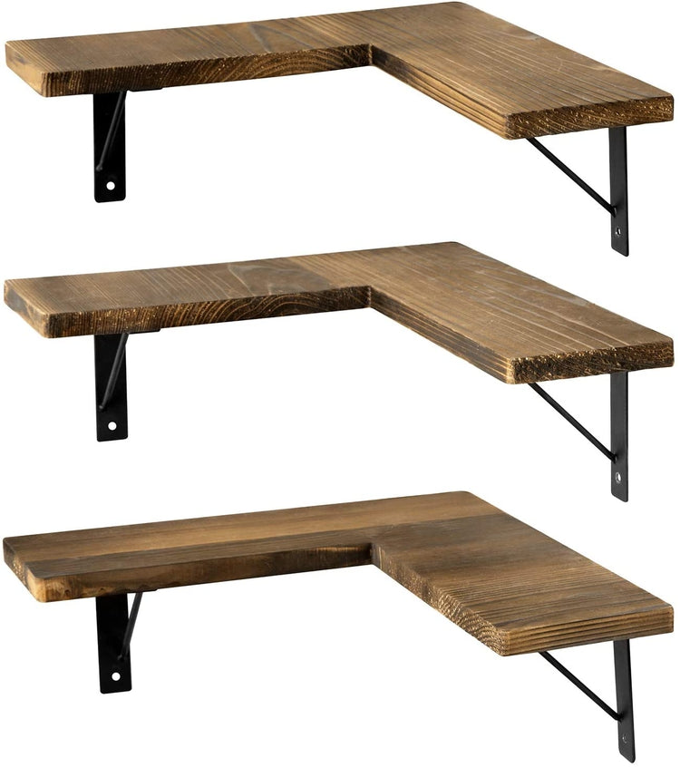 Set of 3 Rustic Burnt Wood & Black Metal Corner Display Shelves-MyGift