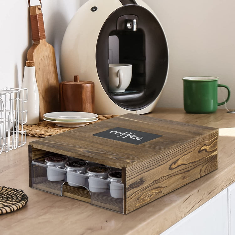 Rustic Burnt Wood Coffee Pod Holder with Clear Acrylic Pull Out Tray and Chalkboard Label Sign