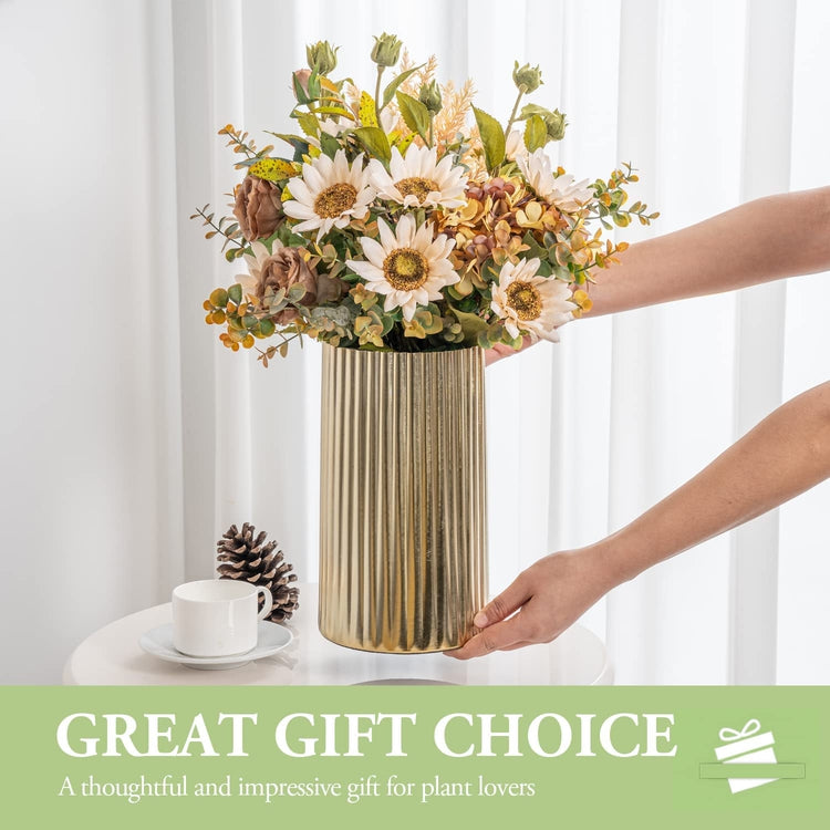 10 Inch Tall Flower Vase, Brass Tone Metal Fluted Centerpiece with Scalloped Edge, Vertical Ribbed Pattern Planter