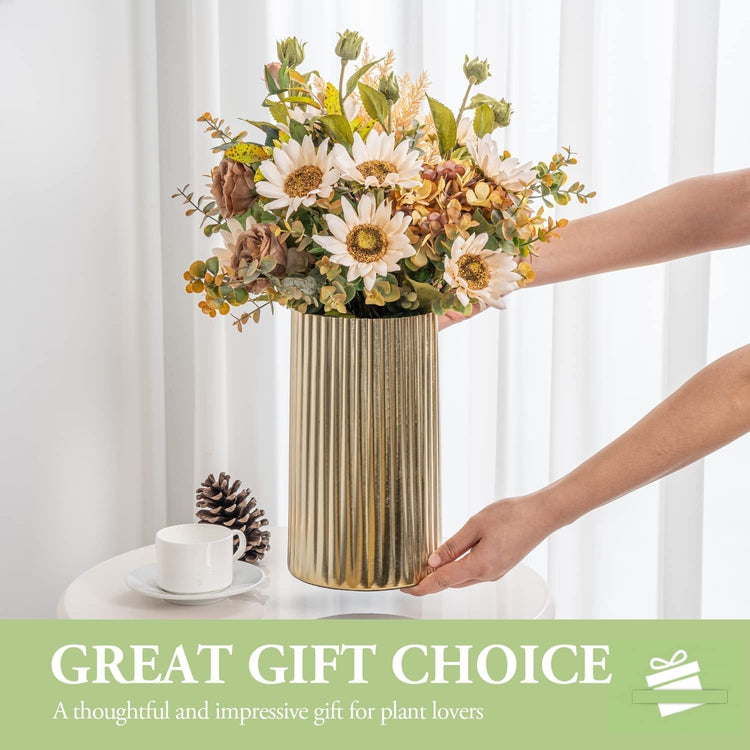 10 Inch Tall Flower Vase, Brass Tone Metal Fluted Centerpiece with Scalloped Edge, Vertical Ribbed Pattern Planter-MyGift