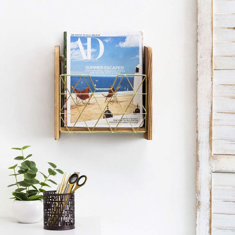 Burnt Wood and Geometric Brass Wire Magazine Holder Wall Mounted MyGift