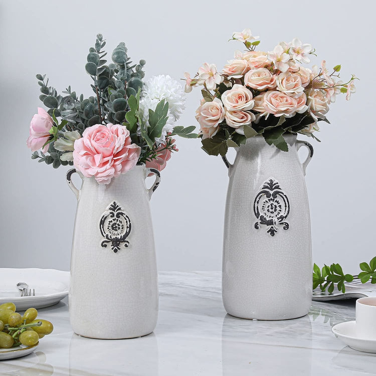 White Ceramic Flower Vase, Antique Farmhouse Milk Jug Décor, Set of 2