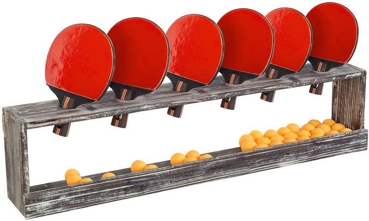 Torched Wood Wall Mounted Ping Pong Paddle Display Rack with Ball Storage Holder Shelf-MyGift