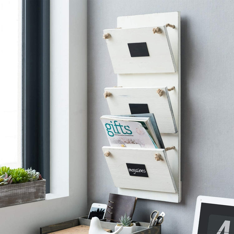 3-Slot Wall Mounted White Wood Mail Holder, Magazine Rack with Rustic Rope and Chalkboard Labels-MyGift