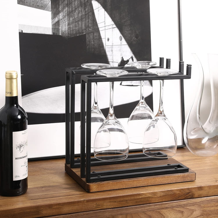 Countertop Wine Glass Stemware Holder Stand with Industrial Black Metal Double Racks and Wooden Base