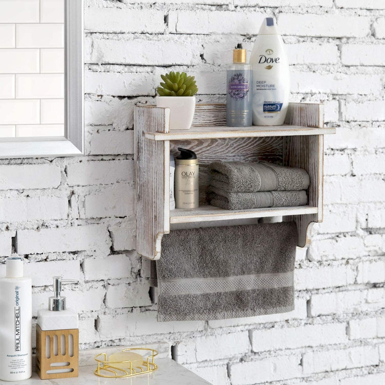 Whitewashed Wood Compact Bathroom Storage, Wall Mounted Rack with 2 Shelves, Hanging Towel Bar-MyGift