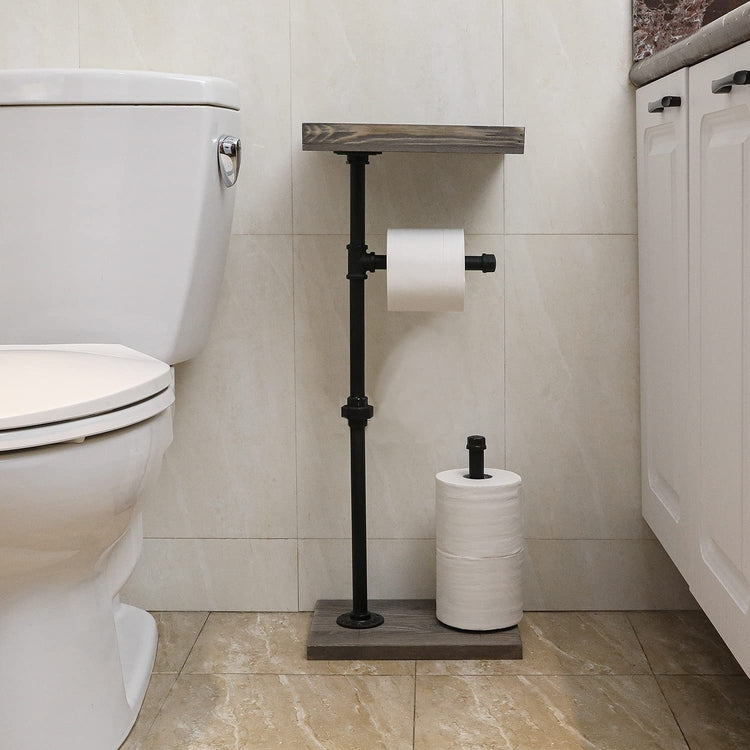 Gray Wood and Industrial Metal Pipe Freestanding Toilet Paper Roll Holder Stand with Reserve Storage and Top Shelf Tray