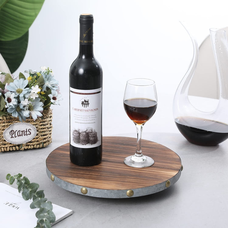 Round Rotating Serving Tray, Burnt Wood and Galvanized Metal Lazy Susan Turntable with Brass Tone Studs-MyGift