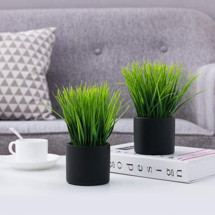 2 Pack Artificial Grass Fake Plant, Faux plant in Modern Round Black Cement Pots-MyGift