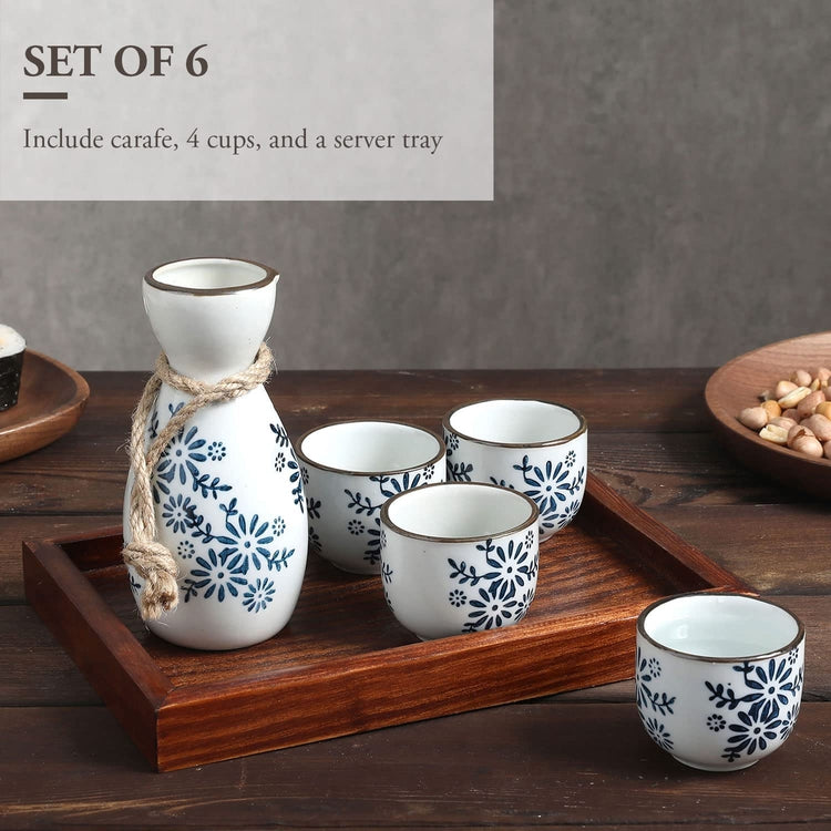 6-Piece Japanese Traditional Style Blue Floral White Ceramic Sake Set with Carafe, 4 Cups, Dark Brown Wood Server Tray