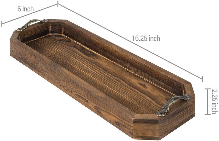Dark Brown Wood Vanity Organizer, Octagonal Serving Tray with Antique Metal Handles-MyGift