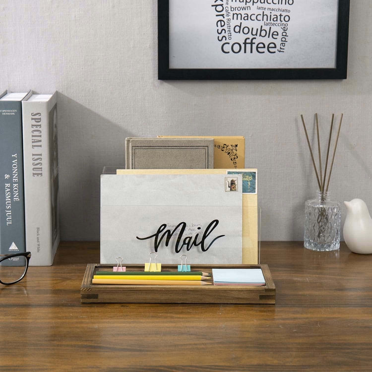 Clear Acrylic Mail Sorter with Removable Burnt Wood Tray Base, Desktop Letter Holder with Black Cursive MAIL Label
