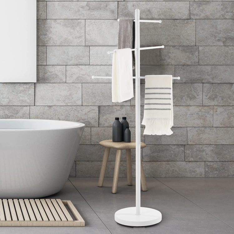 White Metal Freestanding 6 Rung Indoor Towel Hanging Stand, Spa or Poolside Towel Holder and Laundry Drying Rack Tree