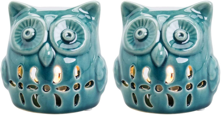 Teal Ceramic Owl Design Decorative Tealight Candle Holders, Set of 2-MyGift