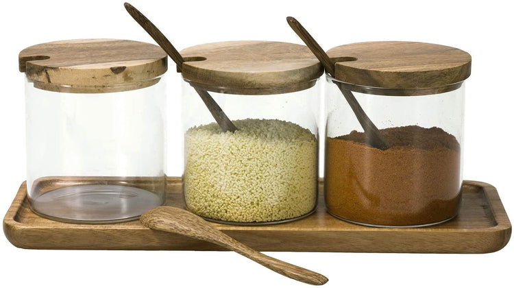 Natural Acacia Wood and Clear Glass Spice Jar Container Set with Serving Spoons, Lids, and Tray
