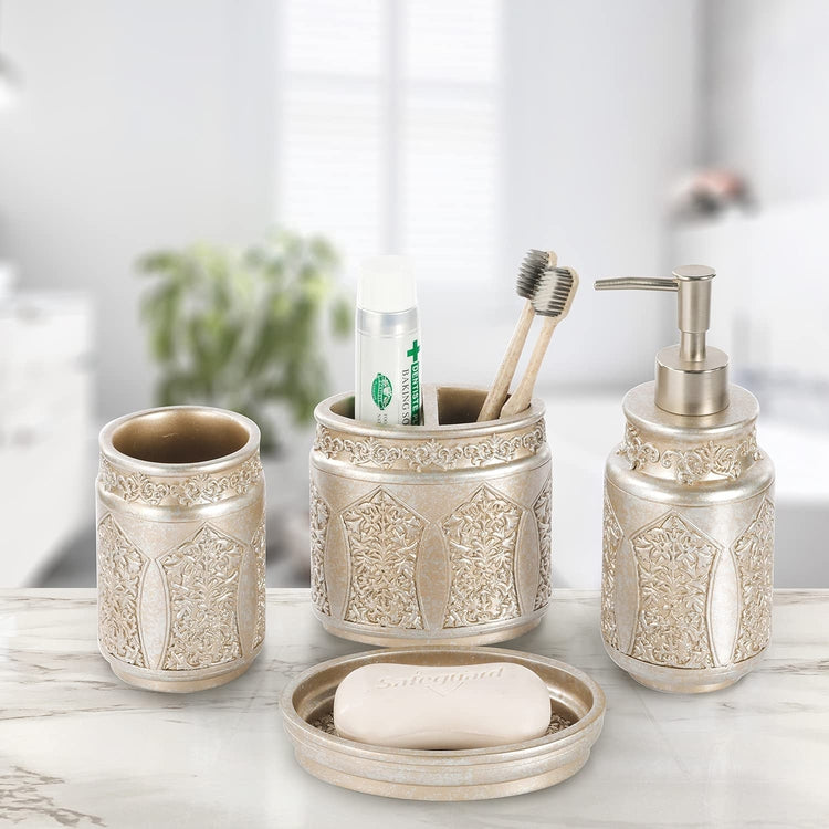 Silver Embossed Pattern Bathroom Accessory Set with Soap Dish, Tumbler, Toothbrush Holder, Pump Dispenser-MyGift