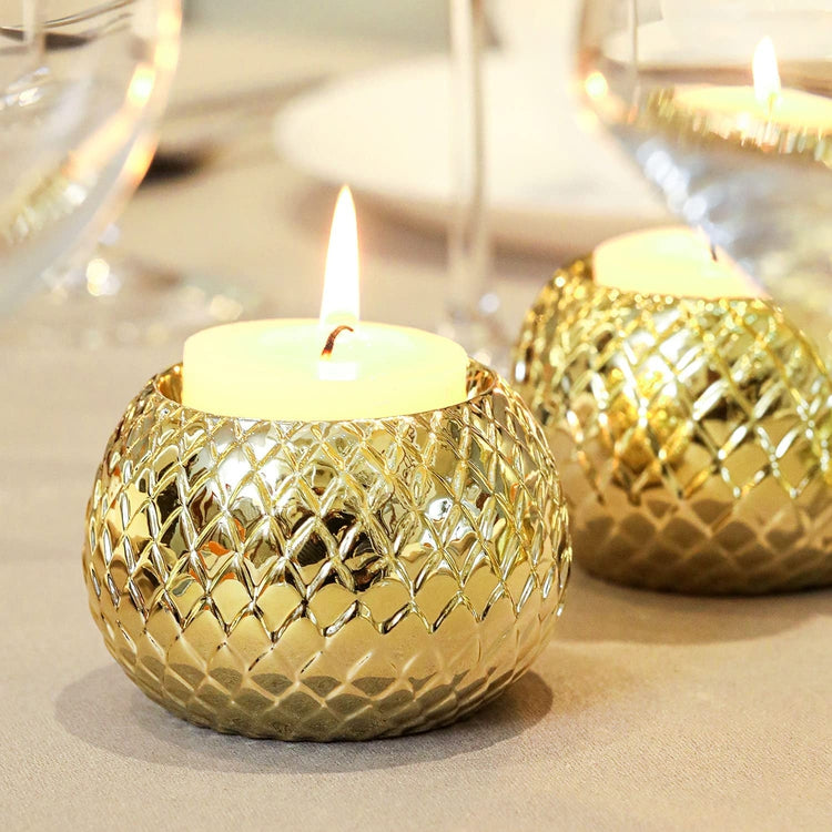 Brass Tone Diamond Patterned Round Ceramic Tealight Votive Candle Holders, Set of 2