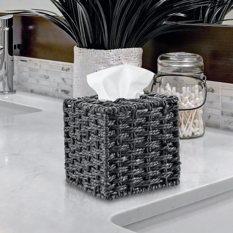 Black Decorative Rope Woven Square Tissue Box Holder Cover-MyGift