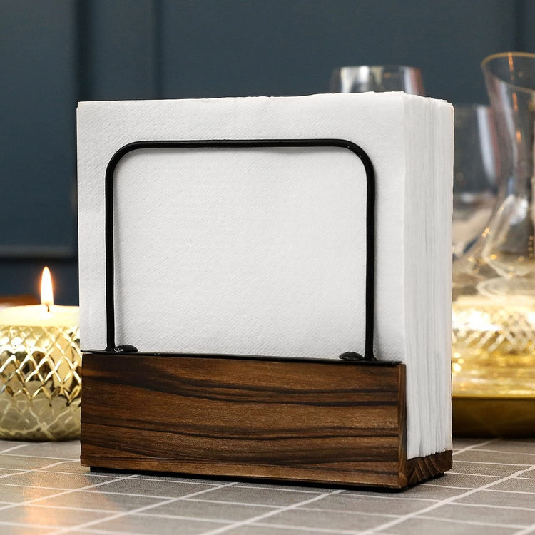 Black Metal Wire and Burnt Wood Upright Napkin Holder