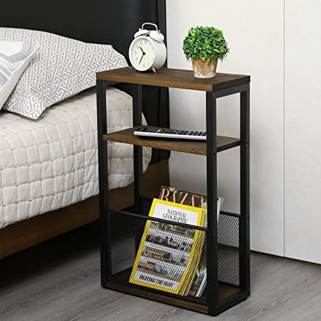 Rustic Burnt Wood End Table with Industrial Black Metal Frame and Mesh Magazine Holder, 25 Inch-MyGift