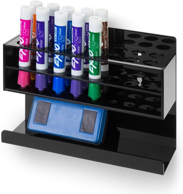 16 Slot, Black Acrylic Wall Mounted Dry Erase Whiteboard Marker and Eraser Holder Rack-MyGift