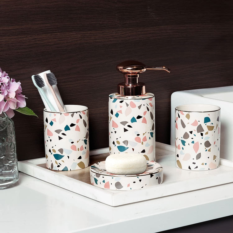 Terrazzo Style Ceramic Bathroom Accessories Set with Soap Dish, Tumblers, Toothbrush Holder, Rose Gold Pump Dispenser-MyGift