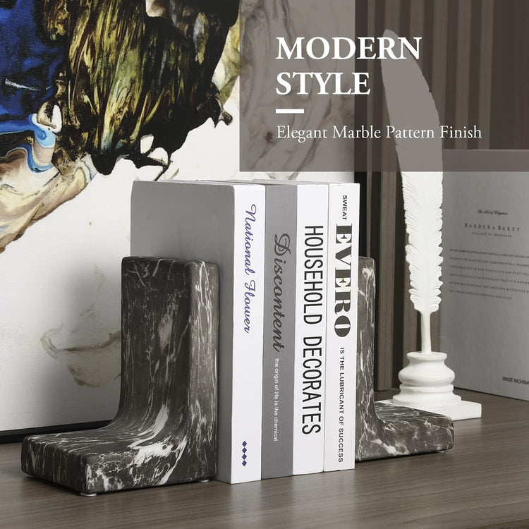 Decorative Desktop Ceramic L-Shaped Bookends with Dark Gray Marble Style Finish, 2 Piece Set-MyGift