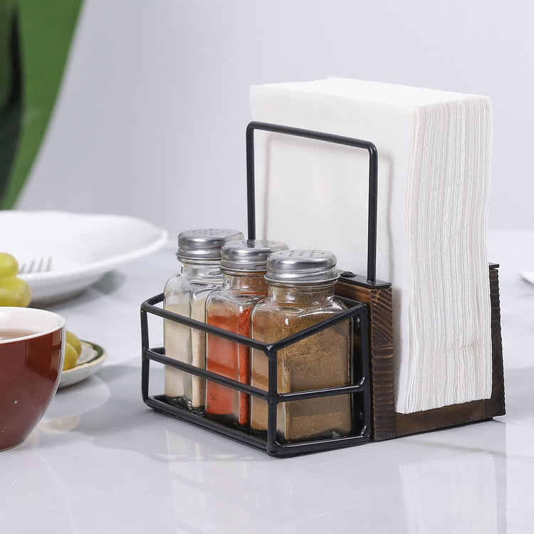 Burnt Wood and Industrial Black Metal Napkin Holder Rack with 3 Salt Pepper Spice Shakers-MyGift