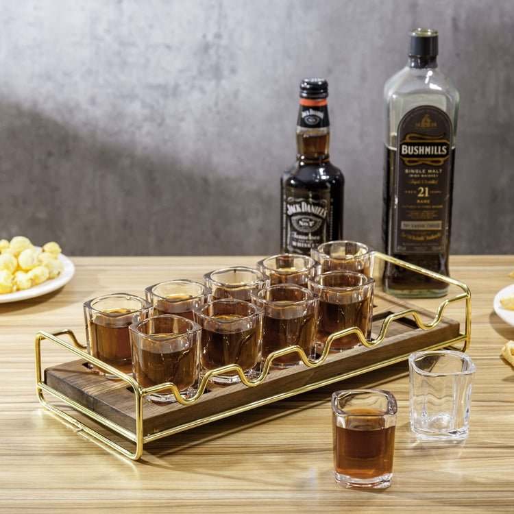Shot Glass Tray Serving Set, Burnt Wood and Brass Tone Metal Glasses Holder with 10 Glasses, Tasting Flight Glasses Set