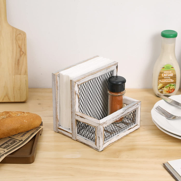 Napkin Holder with Salt and Pepper Shaker Caddy, Whitewashed Wood Napkin and Condiment Holder with Metal Mesh Accent