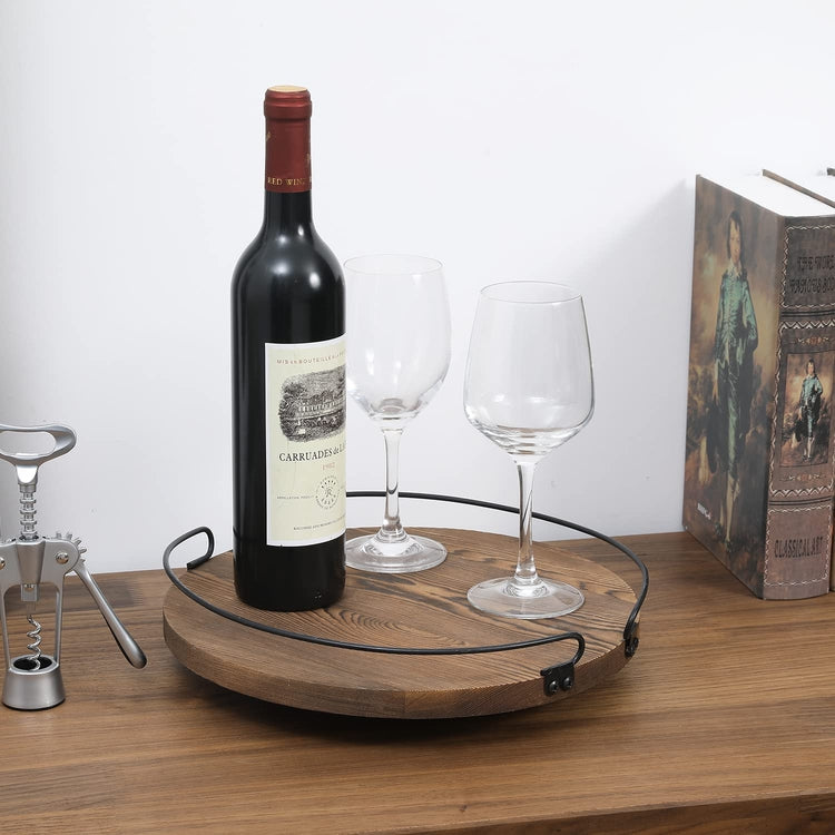 Burnt Wood Round Rotating Lazy Susan Style Display Tray with Black Metal Wire Rim-MyGift