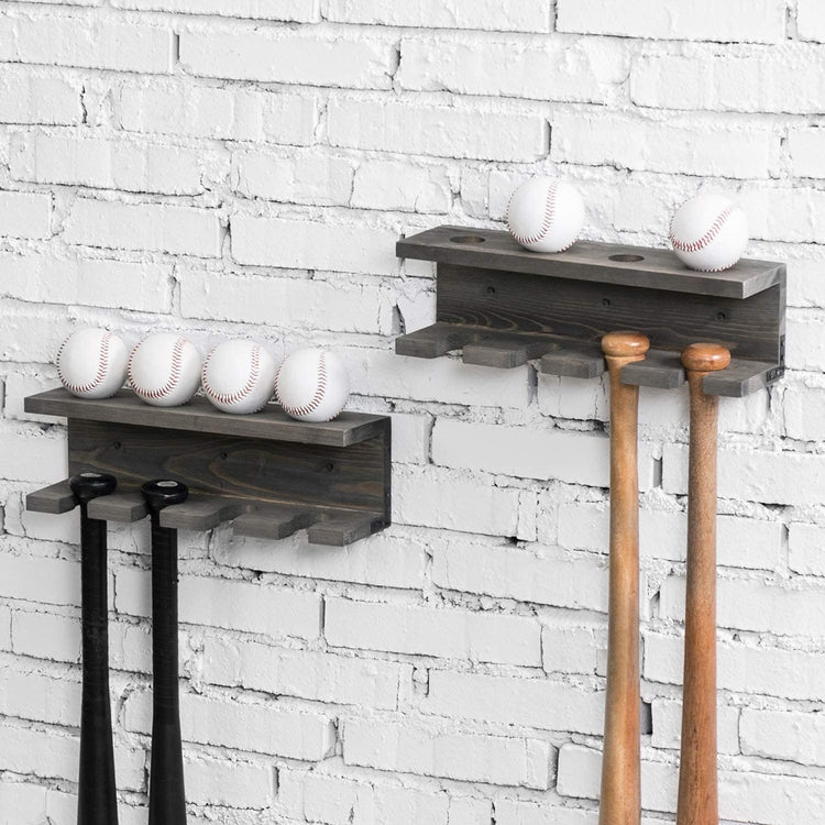 Set of 2 Gray Wood Wall Mounted Baseball Bat Rack & Ball Storage Shelf-MyGift