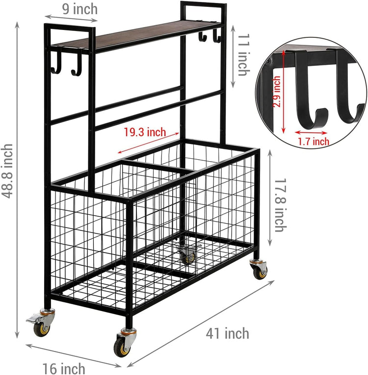 Black Metal and Burnt Wood Sports Ball Basket Cart, Gym Organizer Rack Trolley with Baskets, Hooks, and Caster Wheels-MyGift