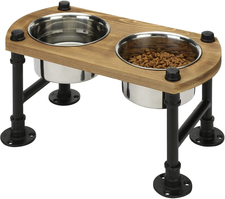 Industrial Burnt Wood and Black Metal Pipe Raised Pet Feeder, 2 Removable Stainless Steel Bowls-MyGift