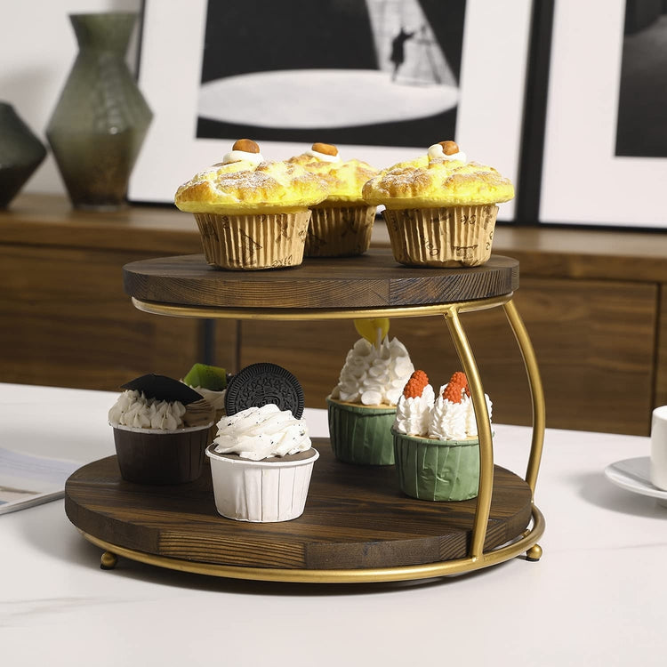 2-Tier Pizza Rack, Cupcake Display Stand with Round Wood Trays and Gold Tone Metal Frame