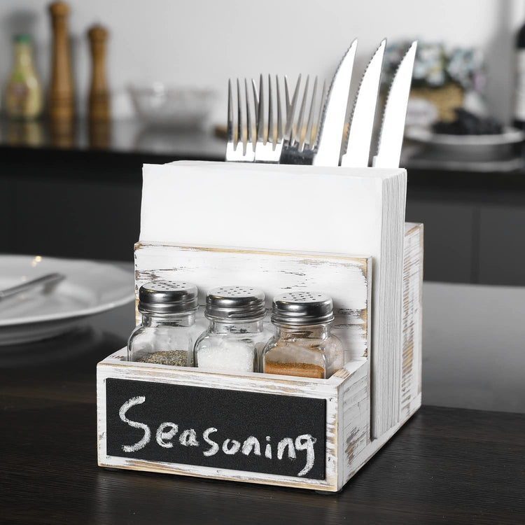 All-in-one Whitewashed Wood Condiment Serving Caddy with Napkin Holder, Utensil Organizer, 3 Salt & Pepper Shakers and Chalkboard Surface