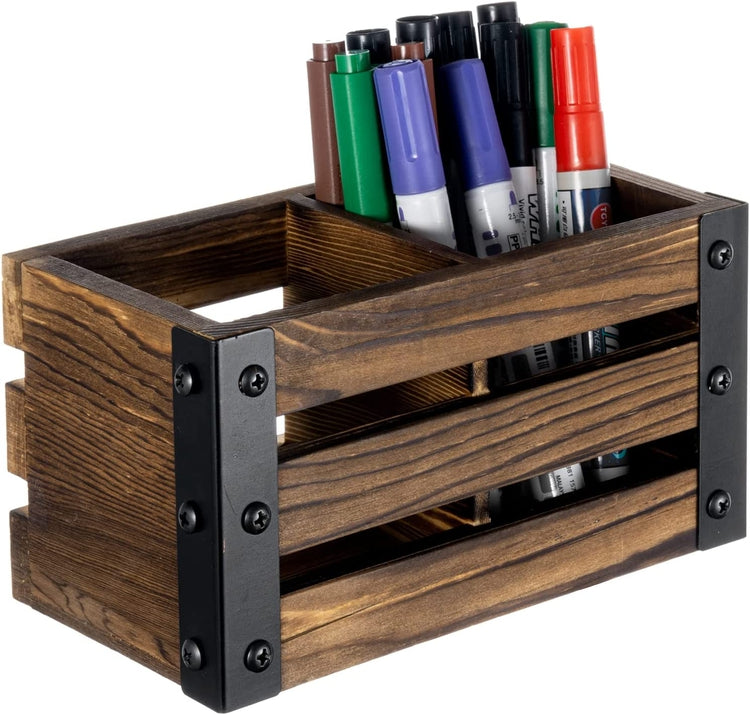 Magnetic Burnt Wood Caddy with Matte Black Metal Corner Brackets, Office Stationery Organizer, White Board Marker Basket