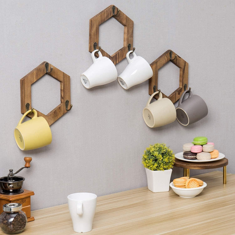 Set of 3, 3-Hook Burnt Wood Geometric Hexagon Wall Mounted Mug Holder Rack-MyGift