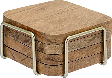 Set of 4 Natural Acacia Solid Wood Coasters with Brass Tone Plated Metal Wire Rack-MyGift