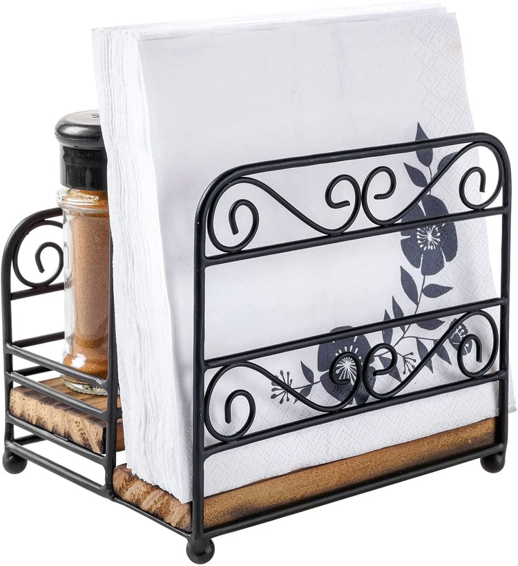 Tabletop Black Metal and Burnt Wood Napkin Holder with Spice Condiment Bin Rack with Vintage Scrollwork Design-MyGift