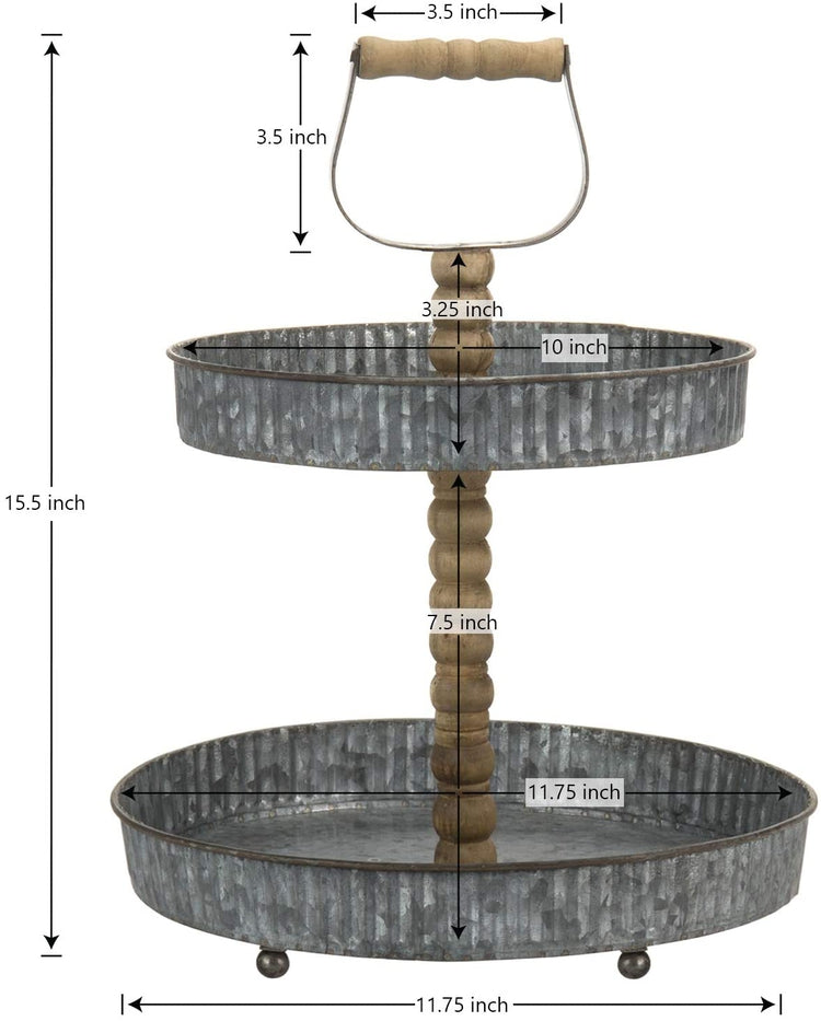 2 Tier Rustic Galvanized Metal Cupcake Display Stand, Dessert Tray with Carved Wooden Handle & Post-MyGift