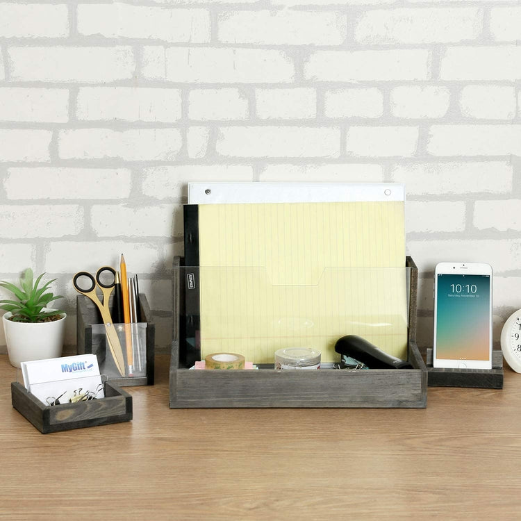 4-Piece Gray Wood and Clear Acrylic Deluxe Office Desk Accessory
