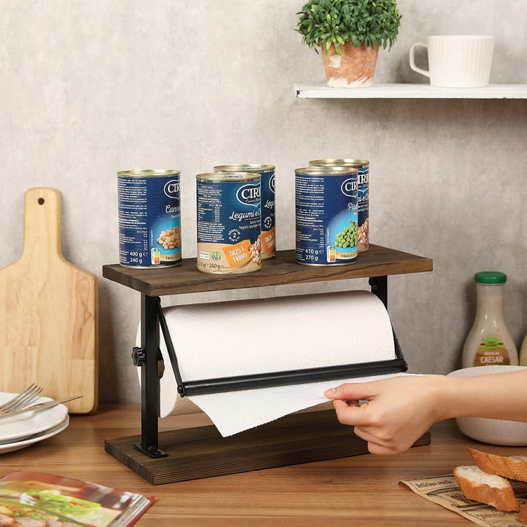 Kitchen Paper Towel Holder Countertop Rack, Rustic Burnt Wood and Metal Towel Dispenser with Top Shelf-MyGift